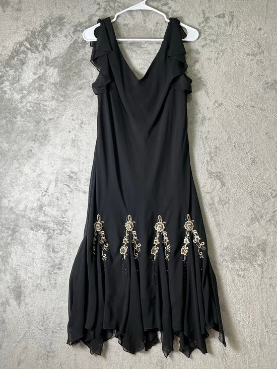 Vintage Dresses & Skirts - Vintage y2k Black Chiffon Handkerchief Hem Dress Floral Beaded Embroidered Med